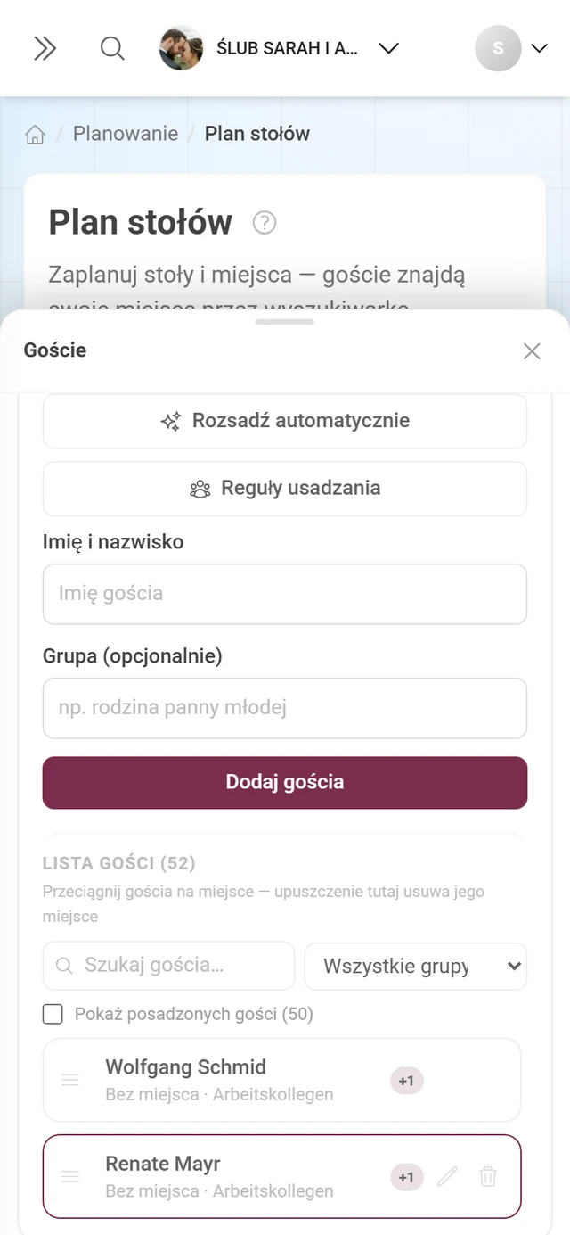 Panel gości obok planu sali z wyszukiwaniem, postępem i przyciskami Rozsadź automatycznie i Reguły usadzania