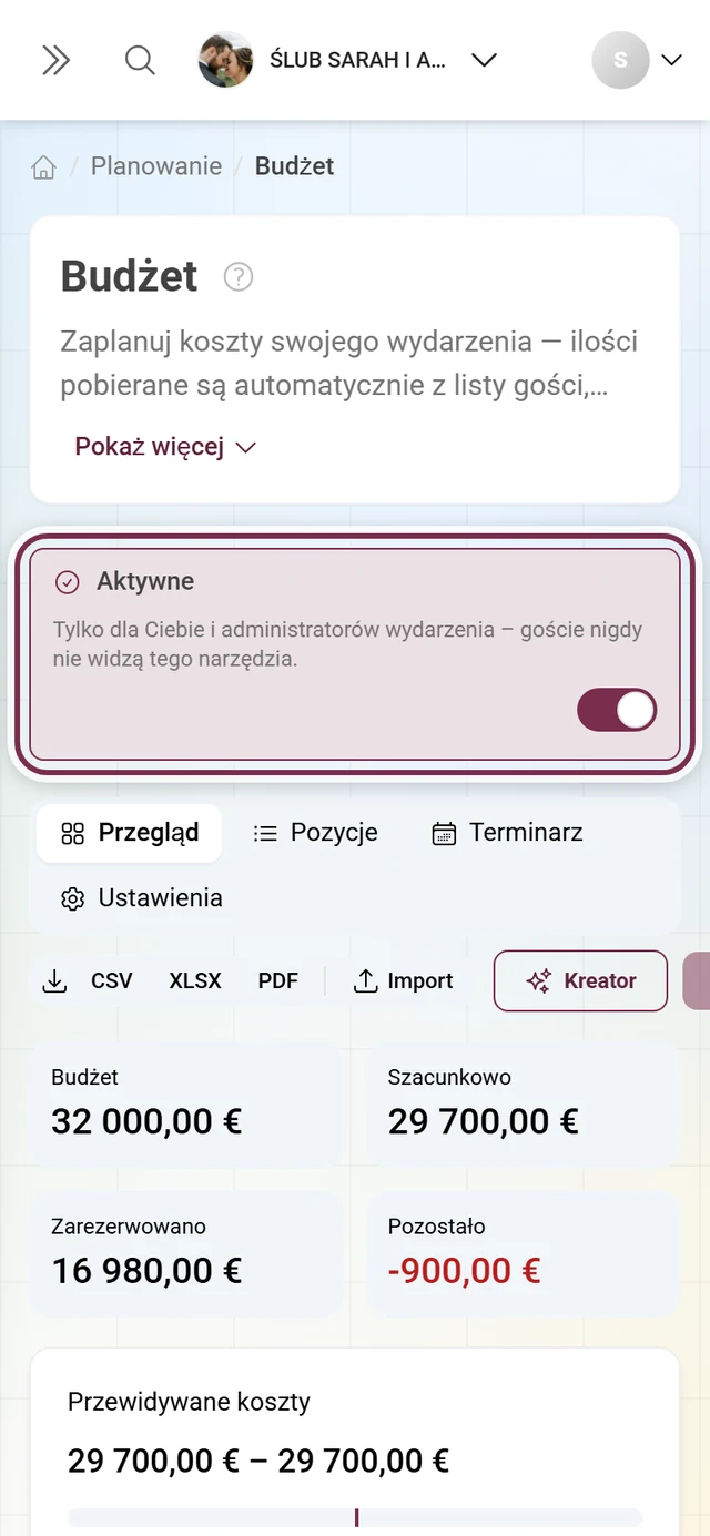 Edytor budżetu z wierszem objaśnienia dla narzędzi czysto administracyjnych