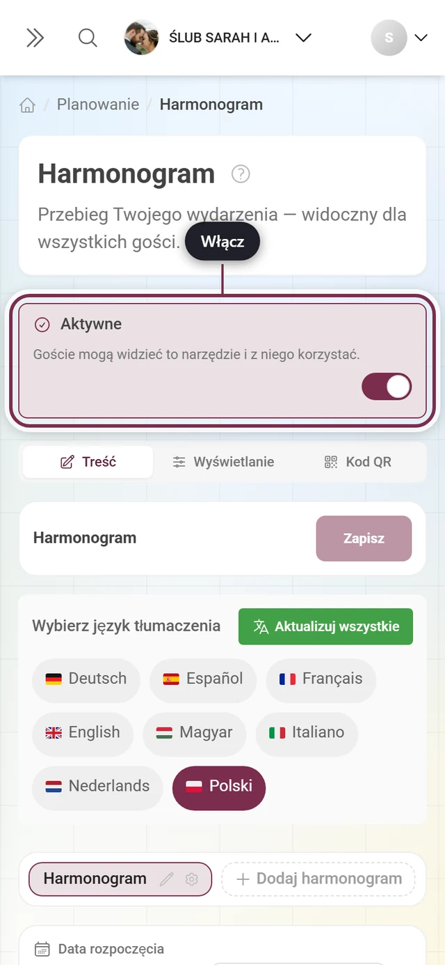 Edytor narzędzia z wyróżnionym paskiem aktywności nad kartami