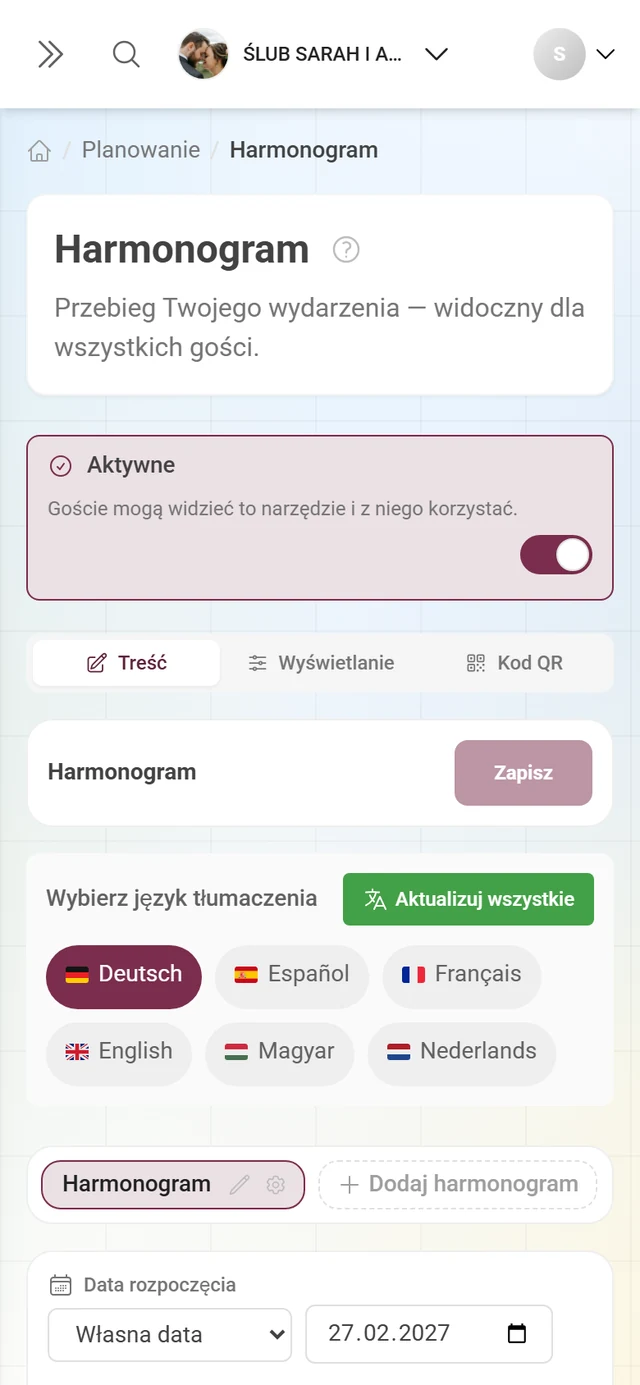Edytor narzędzia z paskiem aktywności i paskiem kart