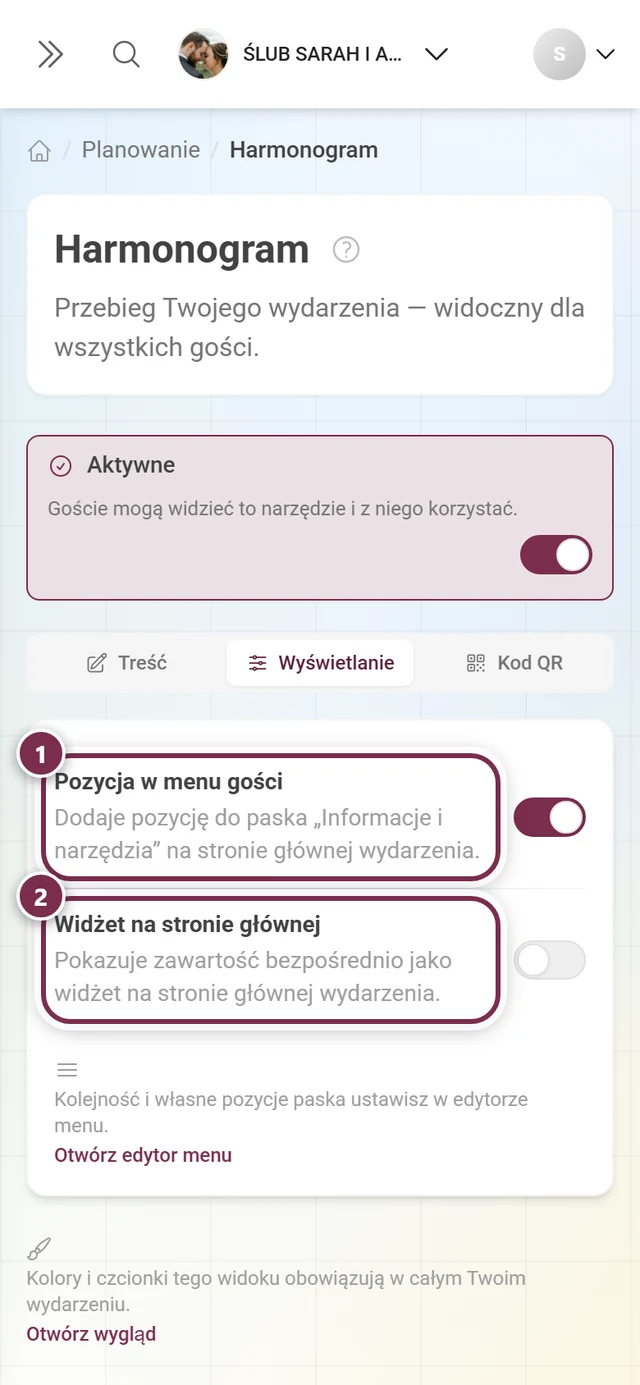 Karta Wyświetlanie z numerowanymi pierścieniami wokół obu przełączników