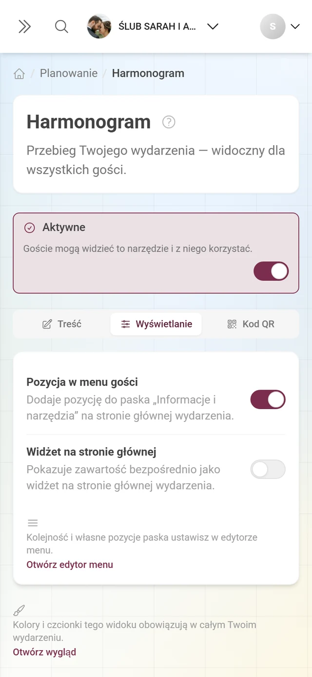 Karta Wyświetlanie z przełącznikami widżetu i menu gości