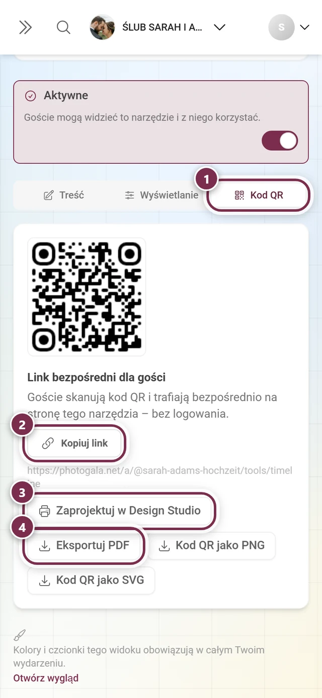 Karta Kod QR z numerowanymi pierścieniami wokół karty, Kopiuj link, Zaprojektuj w Design Studio i Eksportuj PDF
