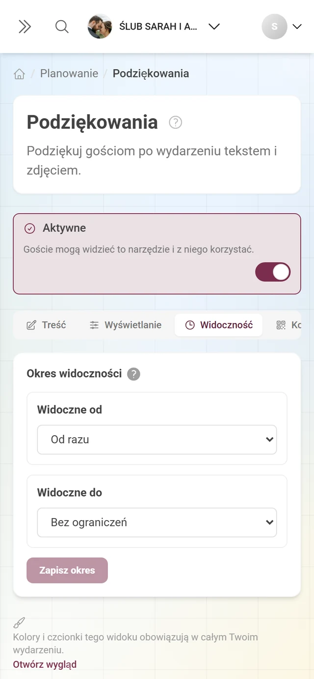Karta Widoczność z trybami dla początku i końca