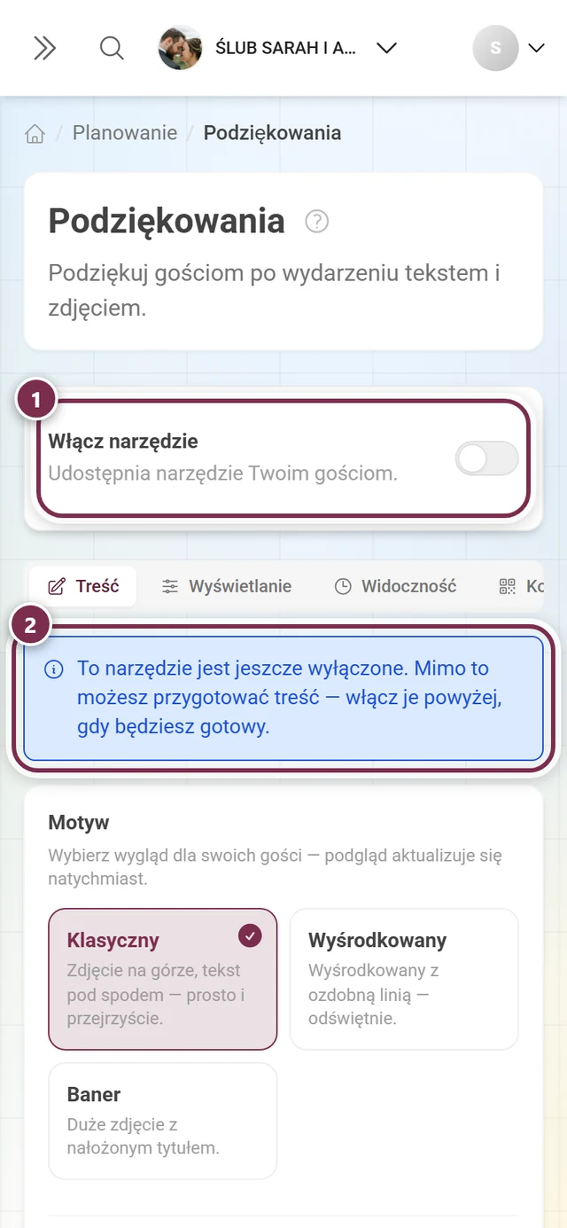 Podziękowania z wyłączonym narzędziem i niebieską informacją o trybie wersji roboczej