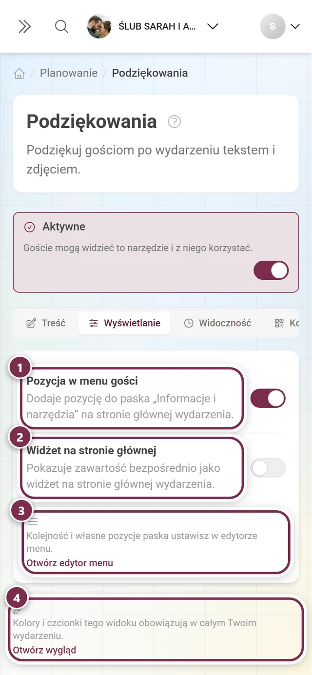Zakładka Wyświetlanie z przełącznikami menu gości i widżetu na stronie głównej oraz dwoma linkami