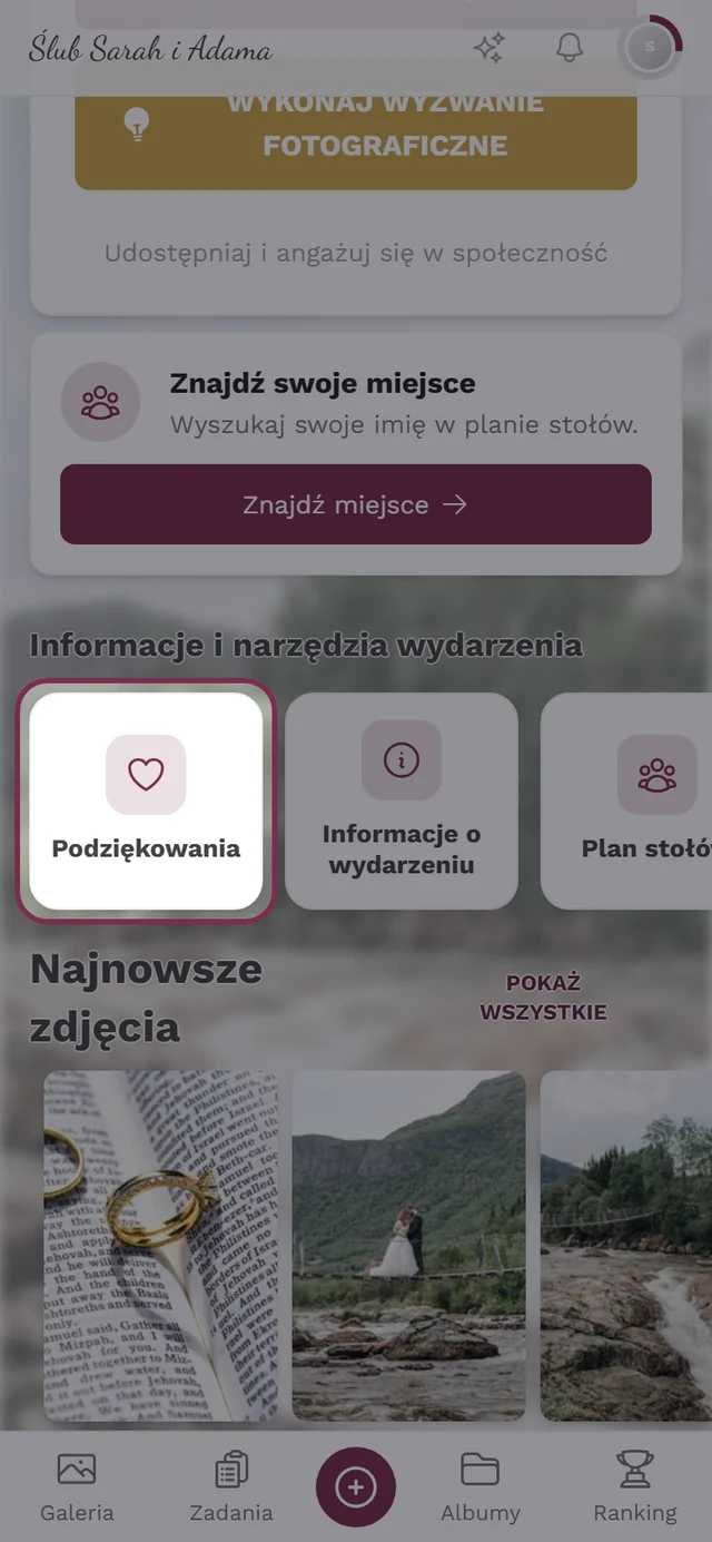 Kafelek Podziękowania w pasku Informacje i narzędzia wydarzenia w widoku gościa