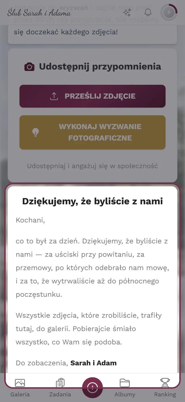 Podziękowania jako widżet na stronie głównej wydarzenia w widoku gościa