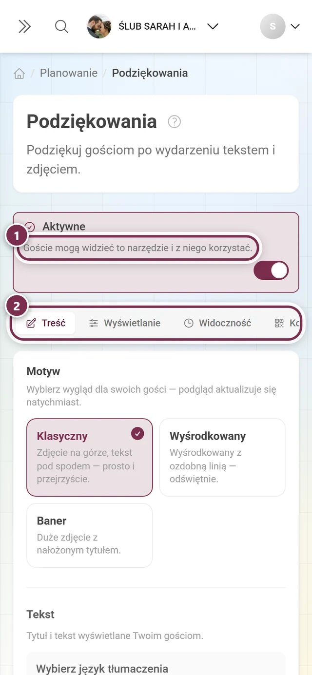 Nagłówek Podziękowań z przełącznikiem Aktywne i czterema zakładkami