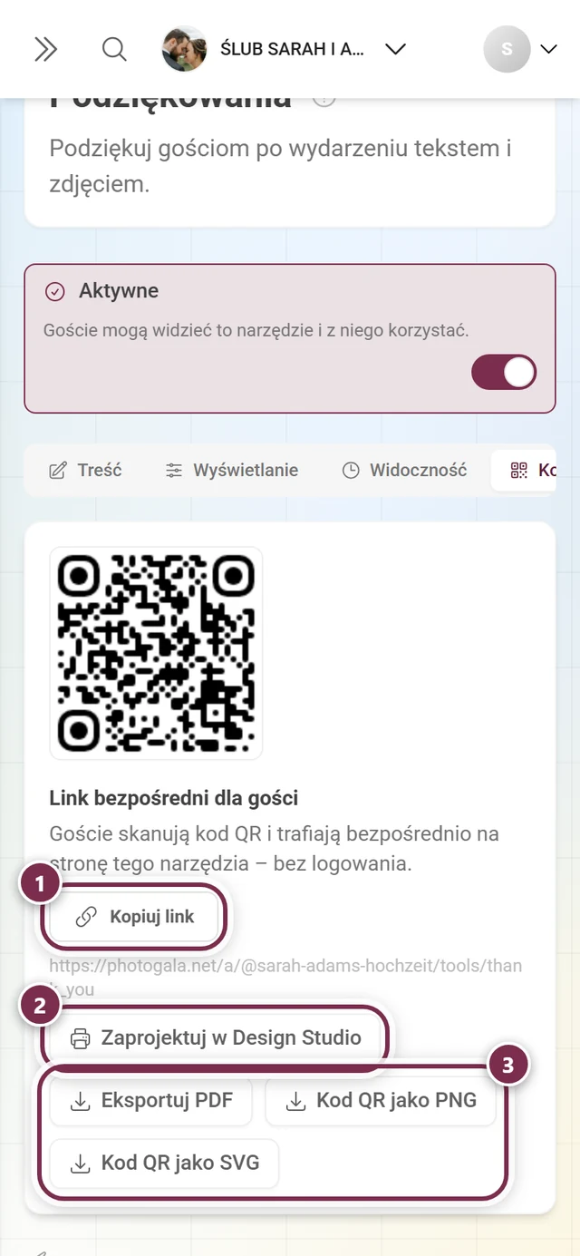 Zakładka Kod QR z linkiem bezpośrednim, przyciskiem Design Studio i trzema eksportami plików