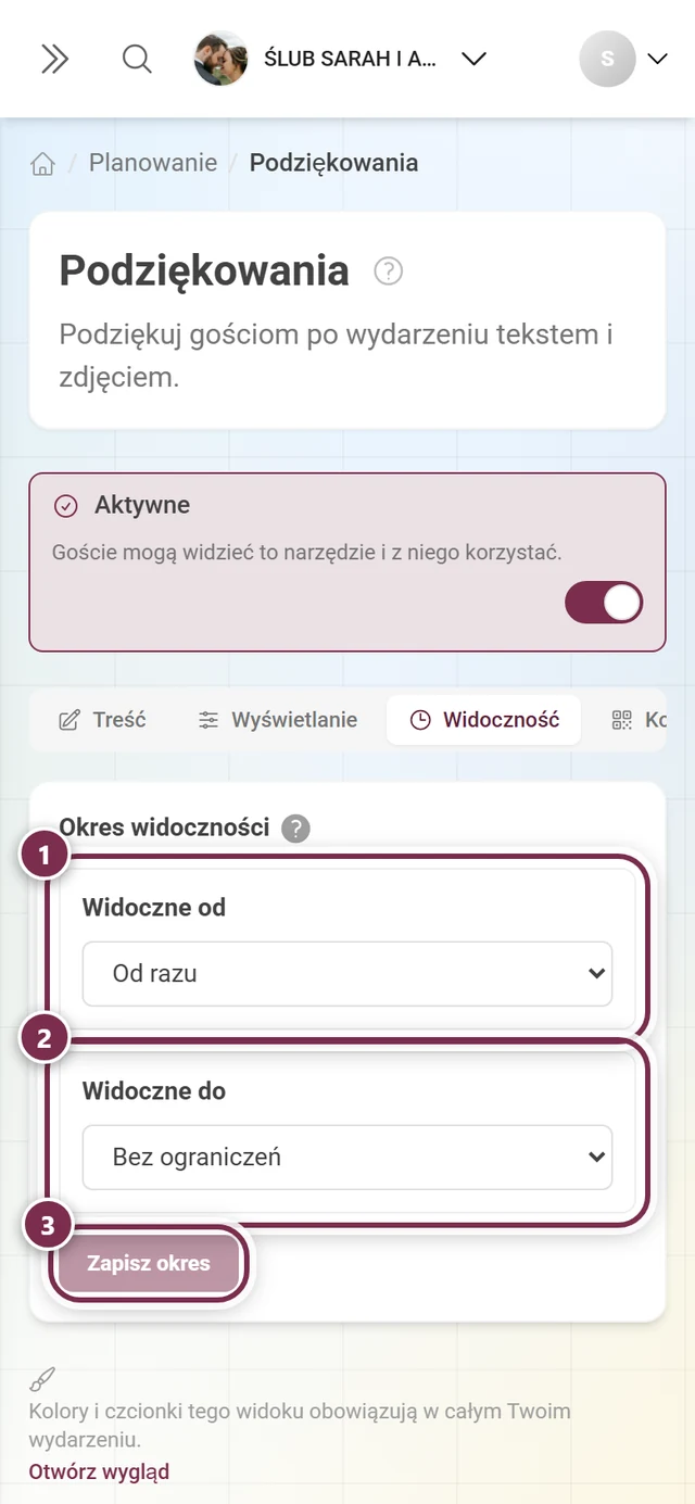 Zakładka Widoczność w stanie wyjściowym z Od razu i Bez ograniczeń