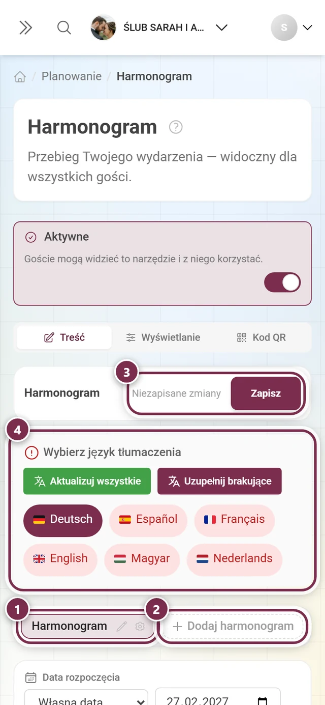 Narzędzie Harmonogram z zaznaczonym paskiem zakładek, Dodaj harmonogram, paskiem języków i Zapisz