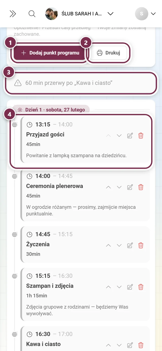 Edytor harmonogramu z zaznaczonymi przyciskami Dodaj punkt programu i Drukuj, ostrzeżeniem o przerwie i pierwszym punktem programu