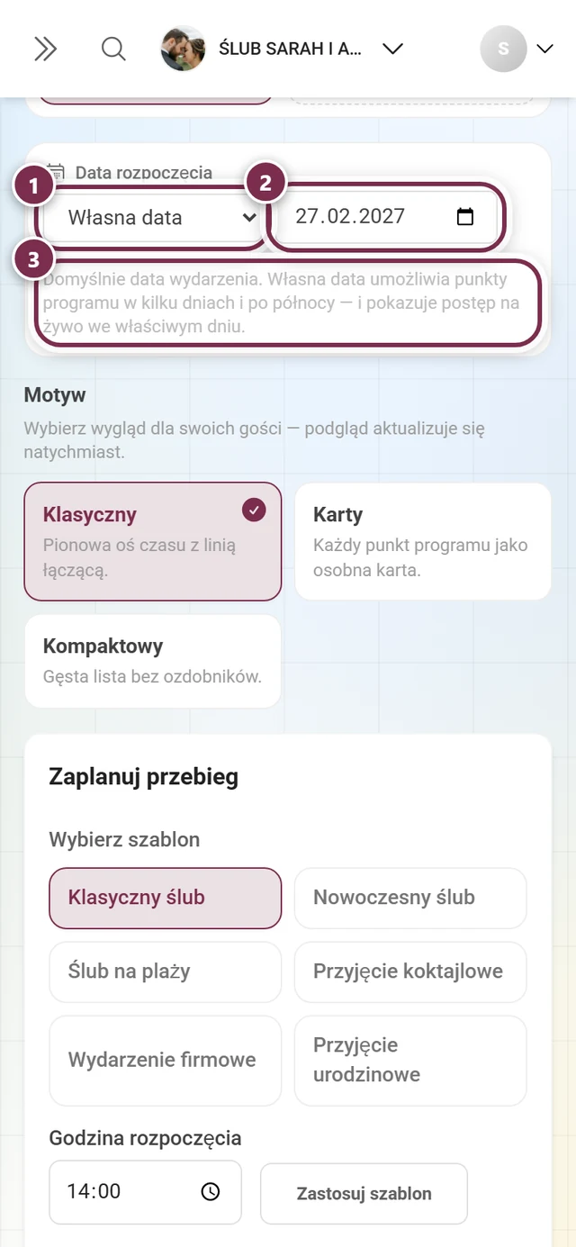 Sekcja Data rozpoczęcia z zaznaczoną listą wyboru, polem daty i tekstem objaśnienia