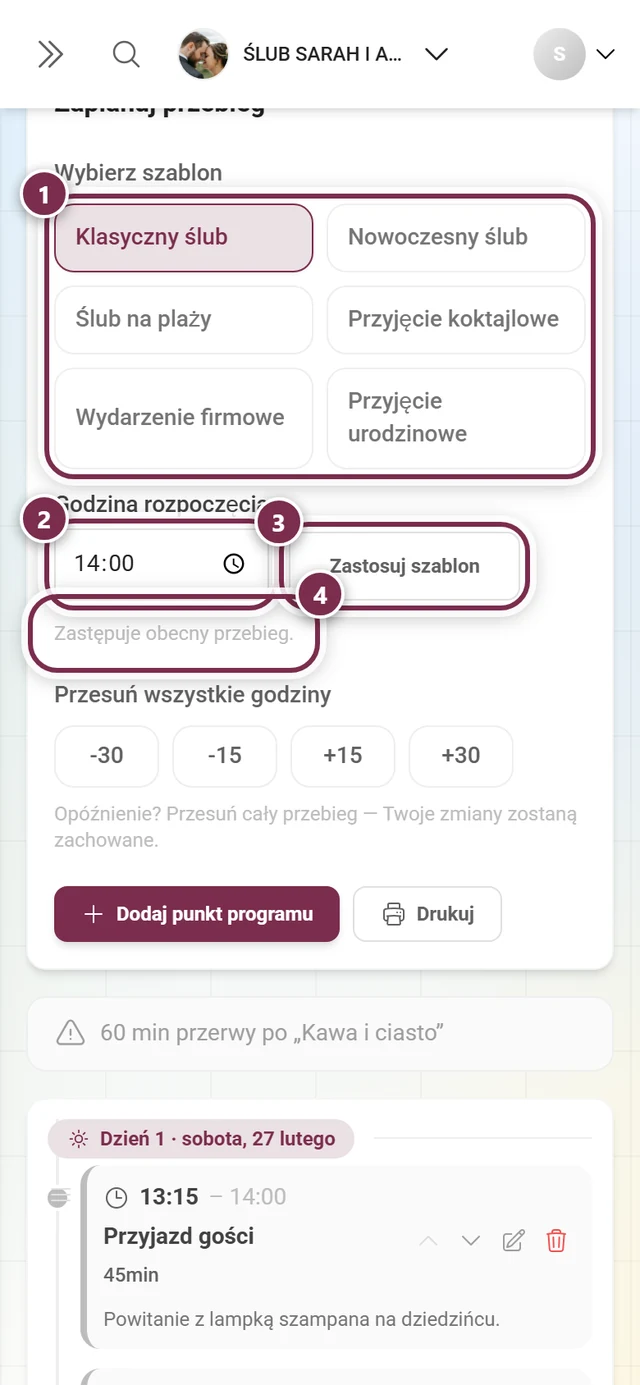 Sekcja Zaplanuj przebieg z zaznaczoną siatką szablonów, godziną rozpoczęcia, Zastosuj szablon i informacją