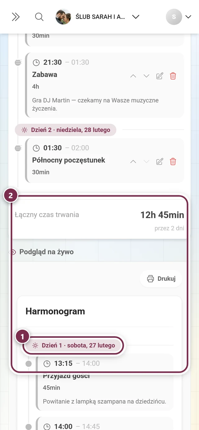 Koniec listy punktów programu z zaznaczonym separatorem dni i stopką Łączny czas trwania