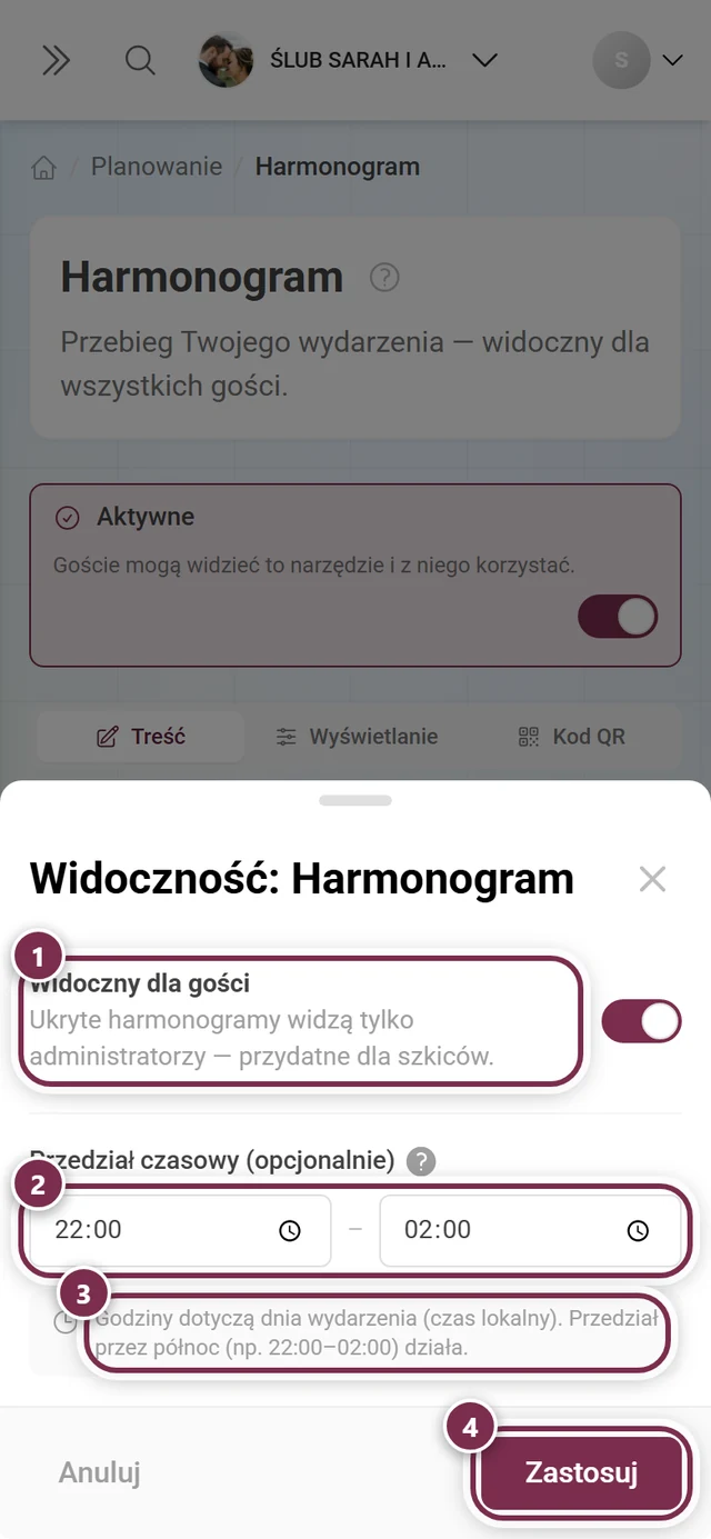 Okno Widoczność: Przebieg z zaznaczonym przełącznikiem, dwoma polami czasu, informacją i przyciskiem Zastosuj