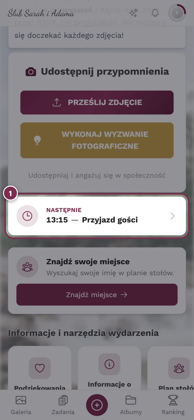 Strona główna galerii z widżetem harmonogramu Następnie