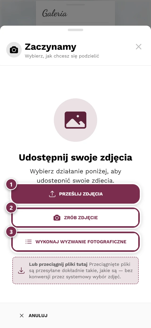 Okno przesyłania ze źródłami Wybierz zdjęcie i Zrób zdjęcie