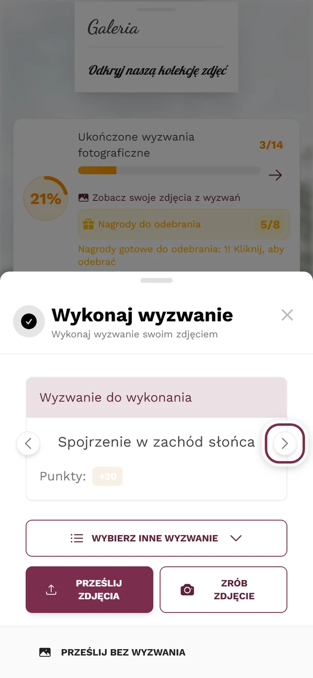Karta wyzwania w oknie przesyłania, oznaczona strzałka Następne wyzwanie