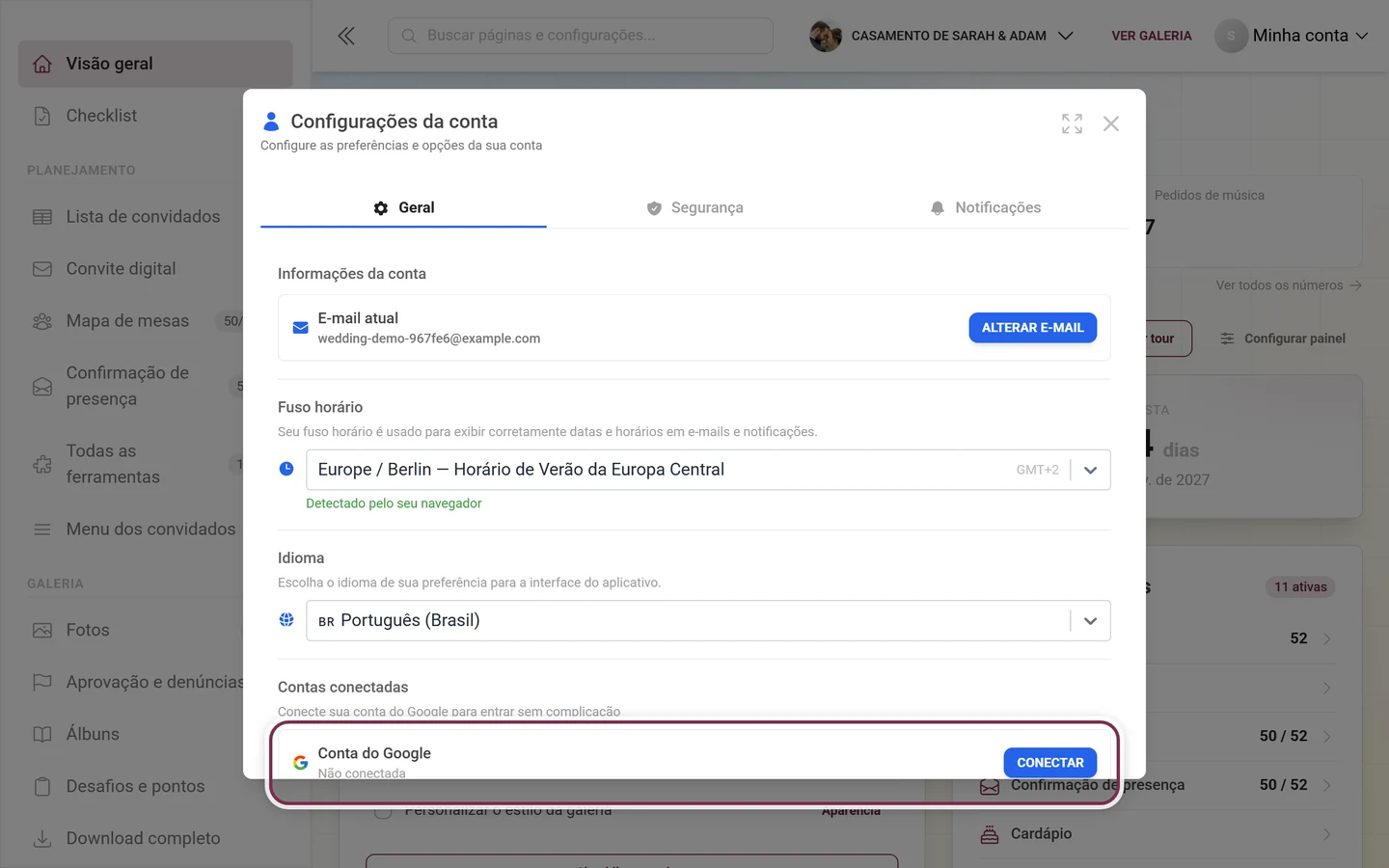 Configurações da conta, seção Contas conectadas com a linha Conta do Google destacada