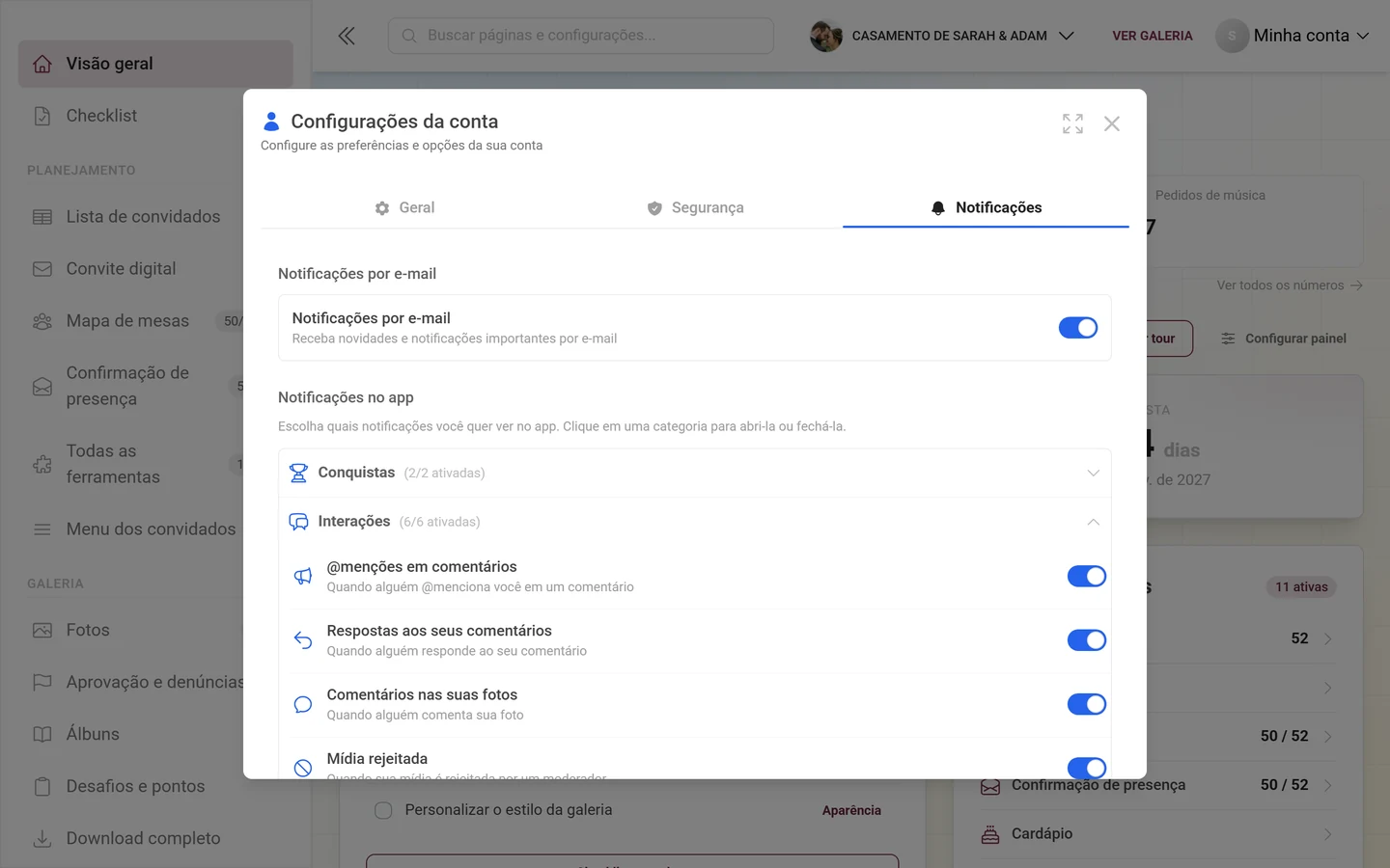 Aba Notificações com a categoria Interações aberta