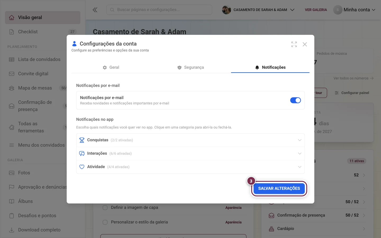 Parte de baixo da aba Notificações com o botão Salvar alterações destacado em vermelho