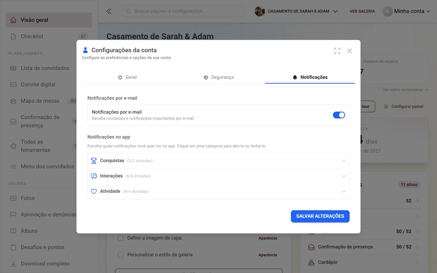 Janela Configurações da conta com a aba Notificações ativa