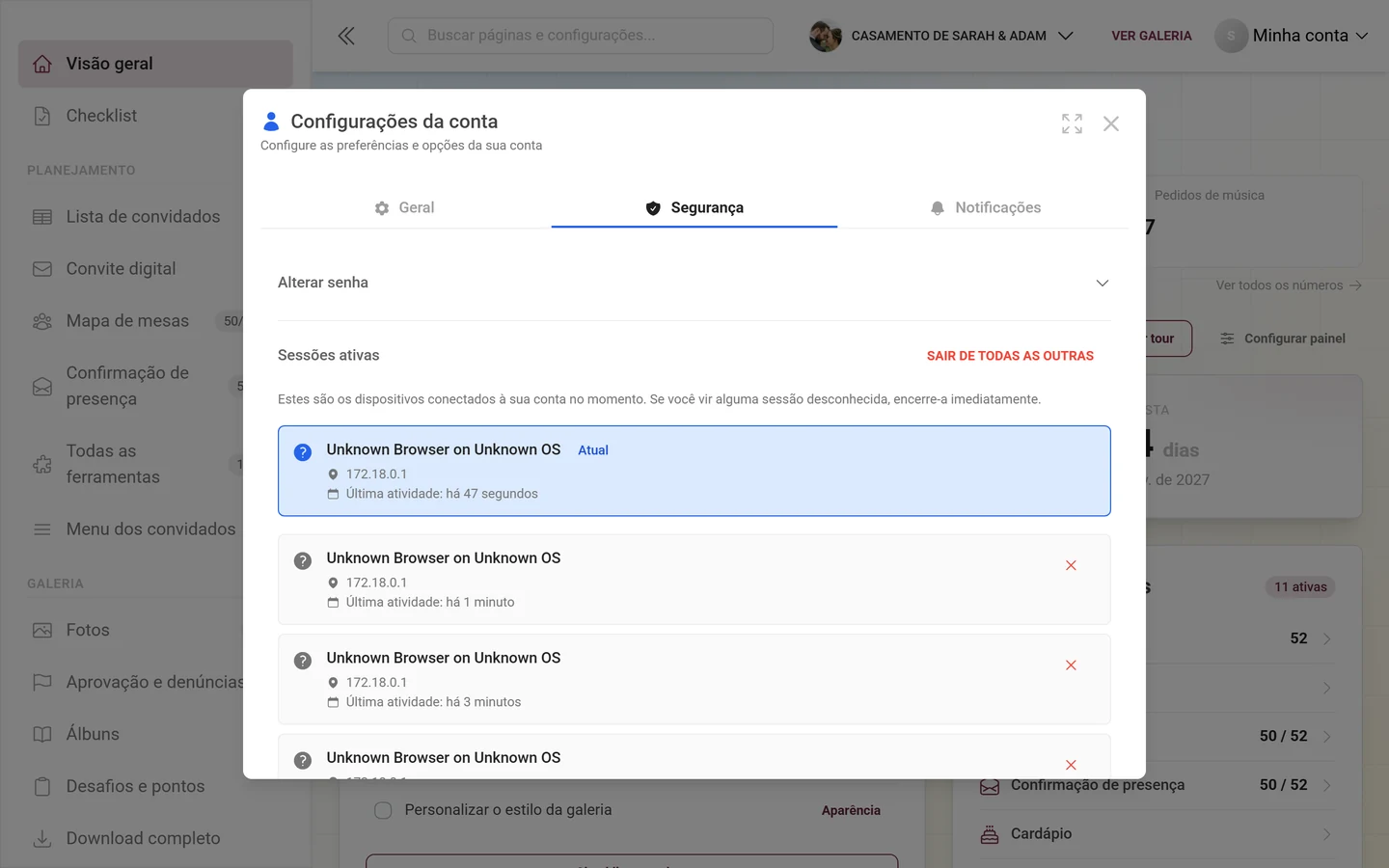 Aba Segurança das configurações da conta com a lista de sessões ativas
