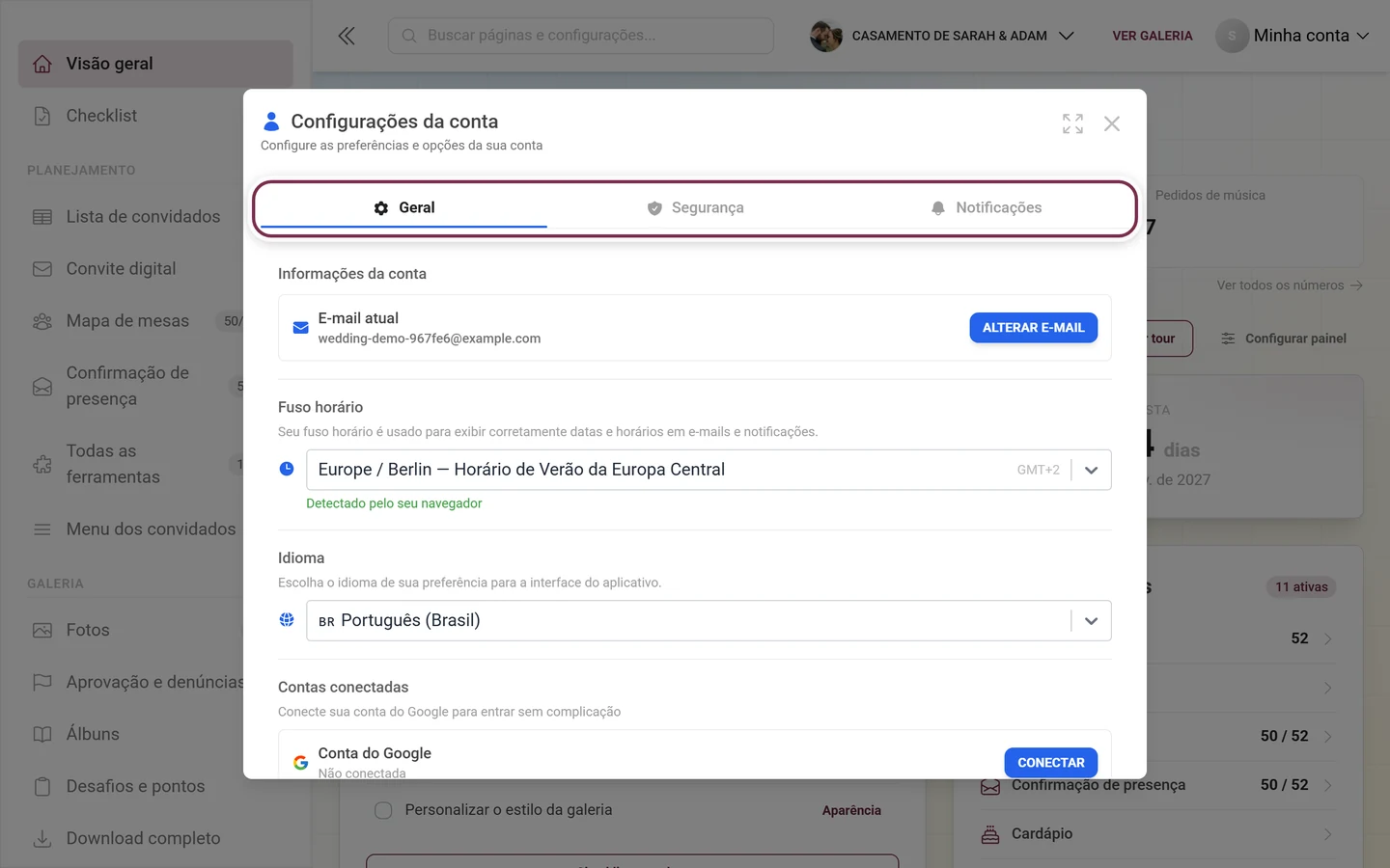 Diálogo Configurações da conta com a barra de abas marcada em vermelho