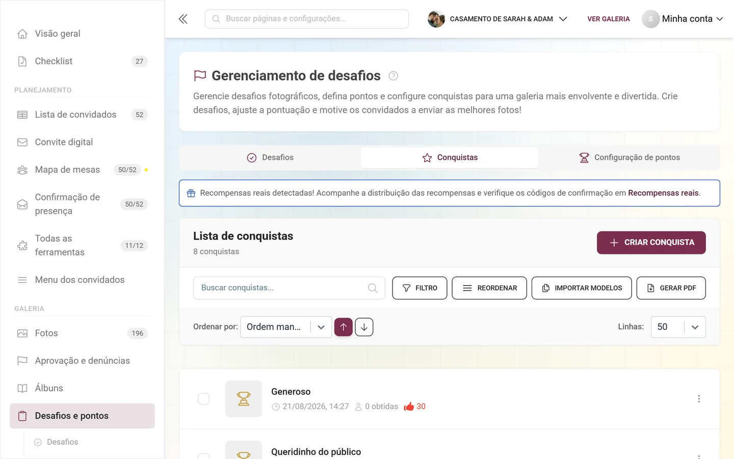 Gerenciamento de conquistas com emblemas, recompensas e condições