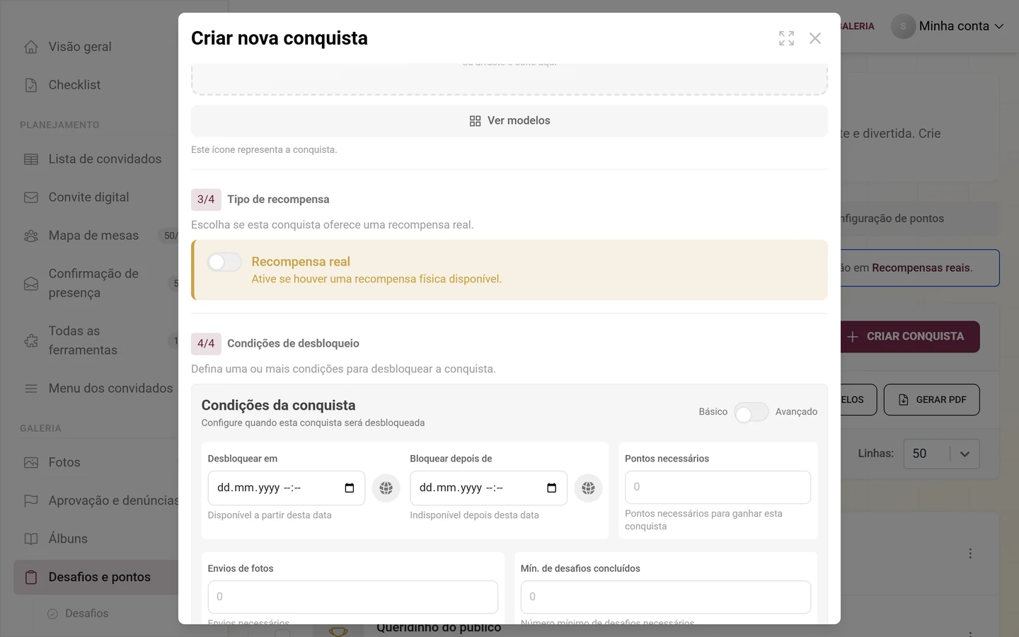 Seção 4/4 Condições de desbloqueio com o seletor Básico/Avançado e os campos Desbloquear em, Bloquear depois de, Pontos necessários, Envios de fotos