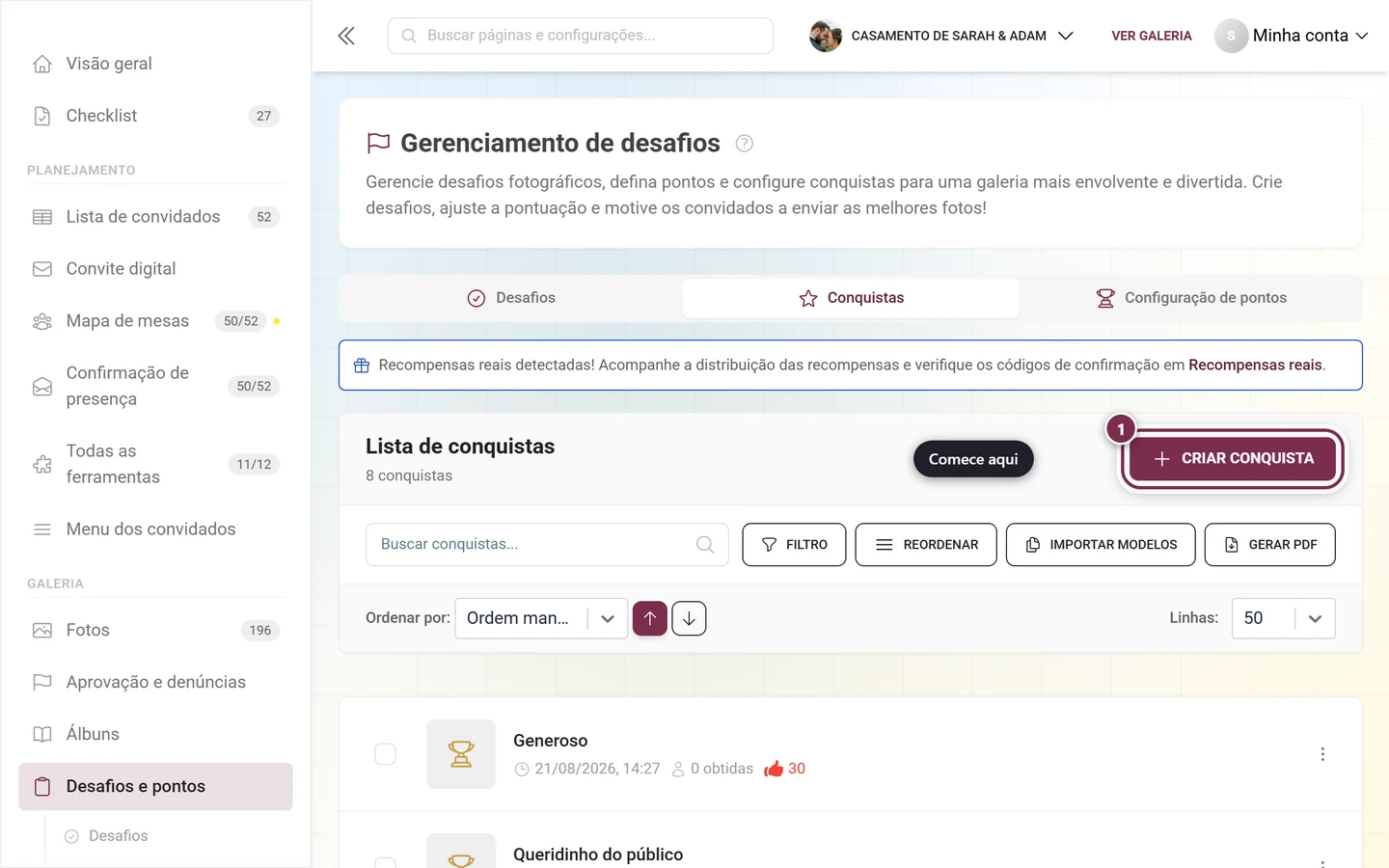 Gerenciamento de conquistas com o botão Criar conquista marcado em vermelho acima da lista