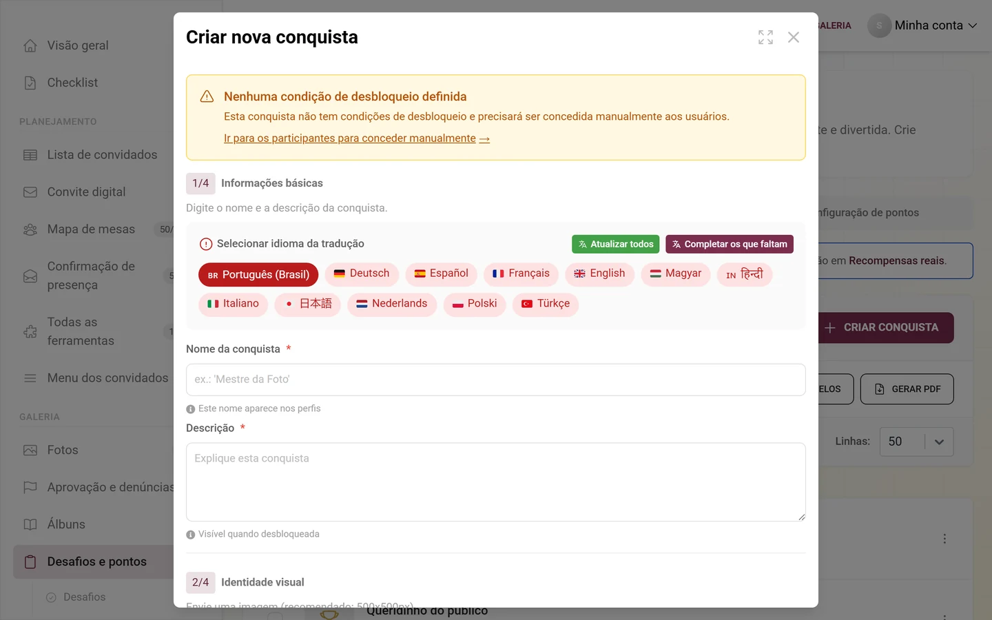 Diálogo para criar uma conquista com nome, condição e recompensa