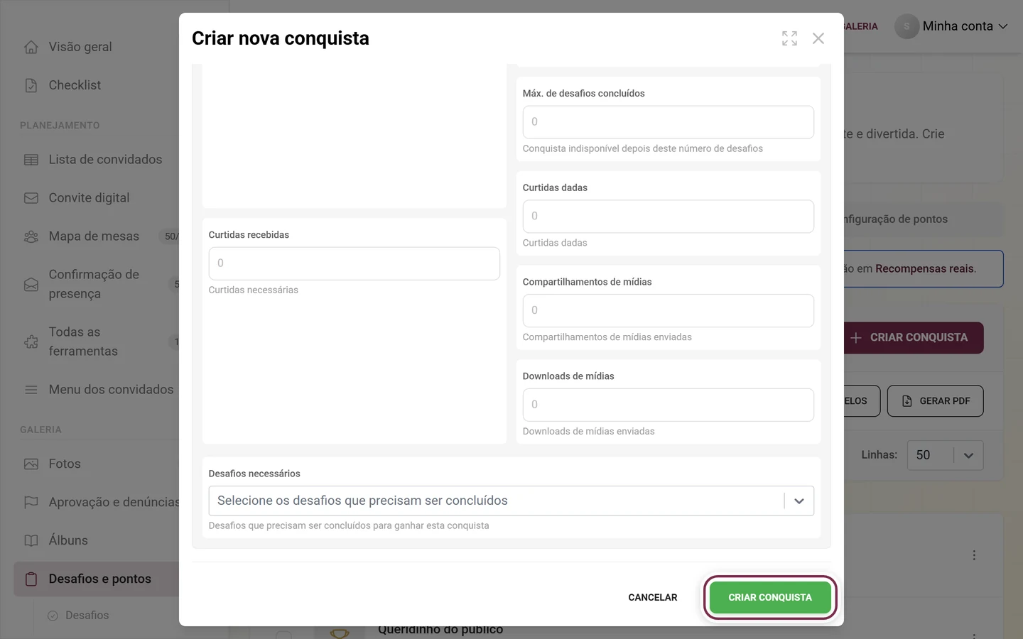 Parte inferior do editor de conquistas com o botão Criar conquista marcado em vermelho ao lado de Cancelar
