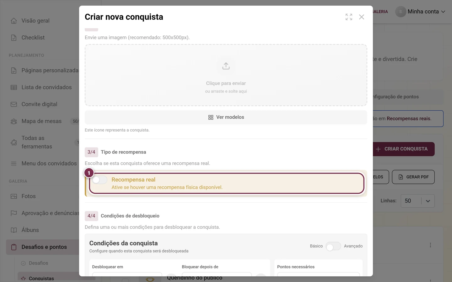 Seção Tipo de recompensa no editor com o interruptor Recompensa real marcado em vermelho e ainda desligado