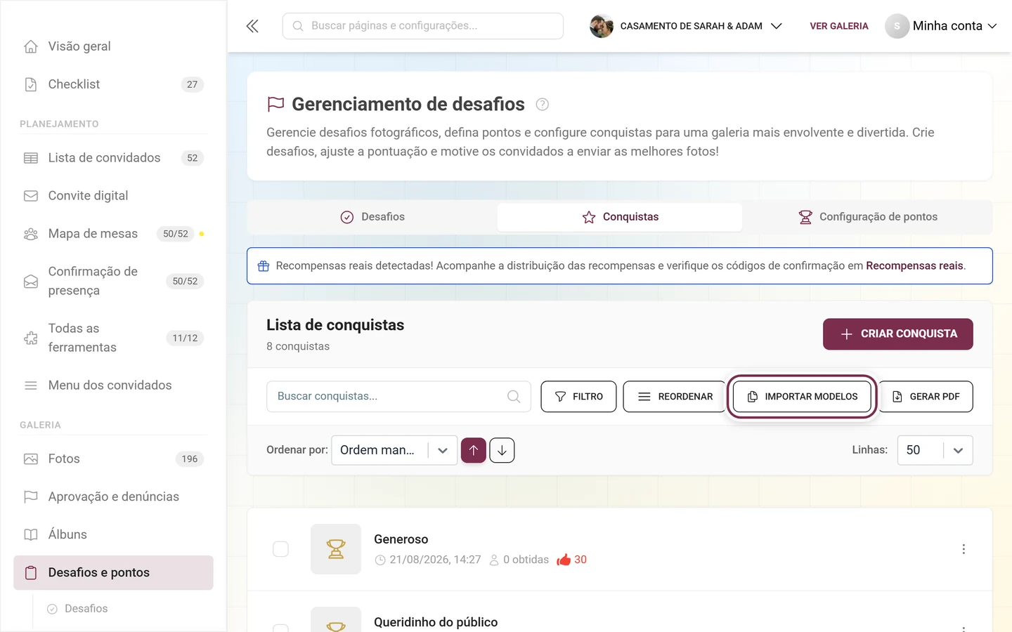 Barra de ferramentas do gerenciamento de conquistas com o botão Importar modelos marcado em vermelho
