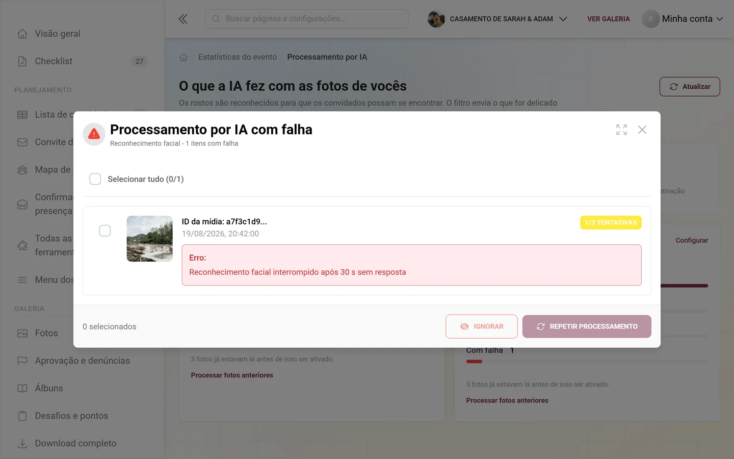 Diálogo Processamento por IA com falha com um item, miniatura, chip de tentativas e caixa vermelha de erro