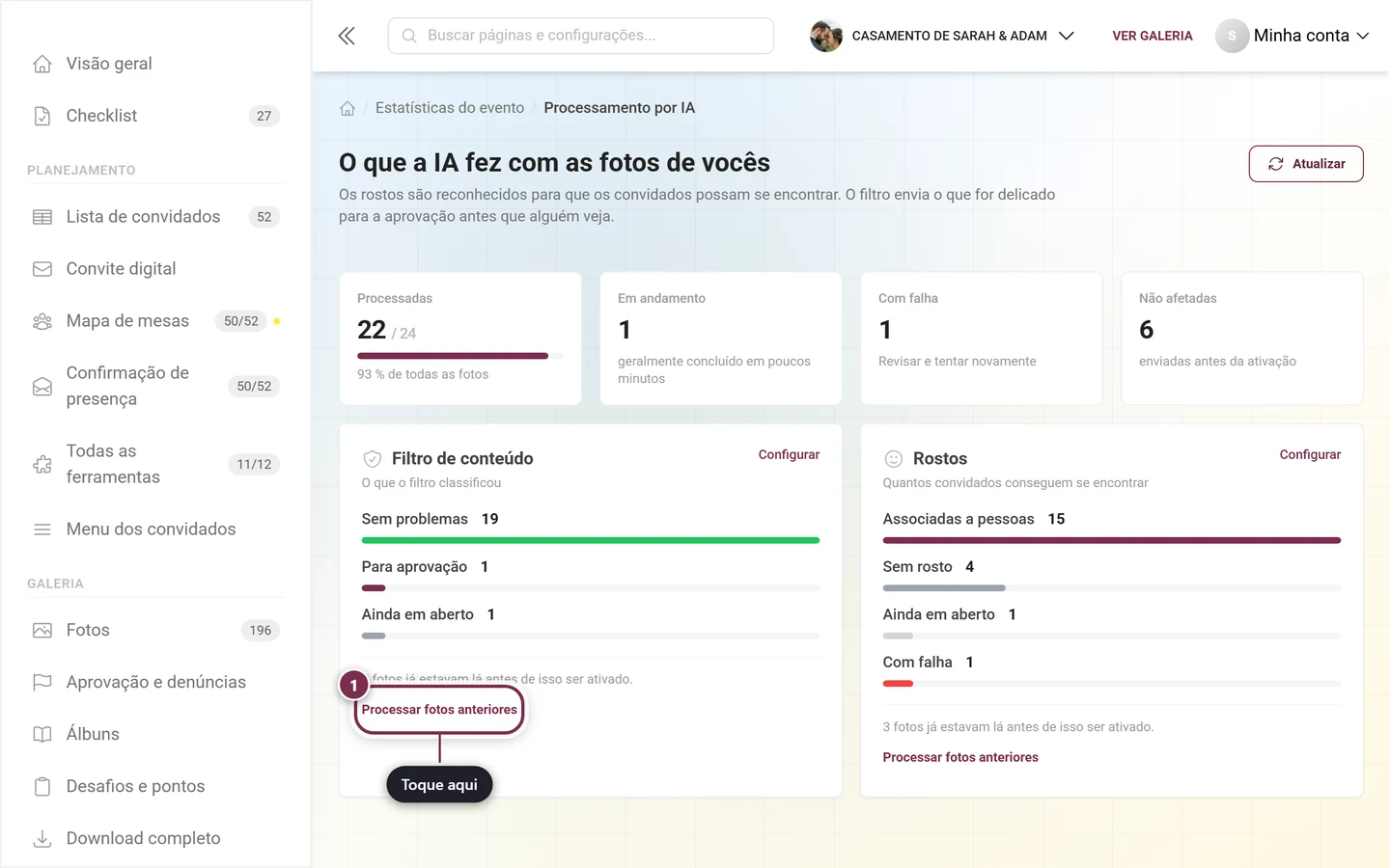 Cartão de recurso do processamento por IA com o botão Processar fotos anteriores marcado