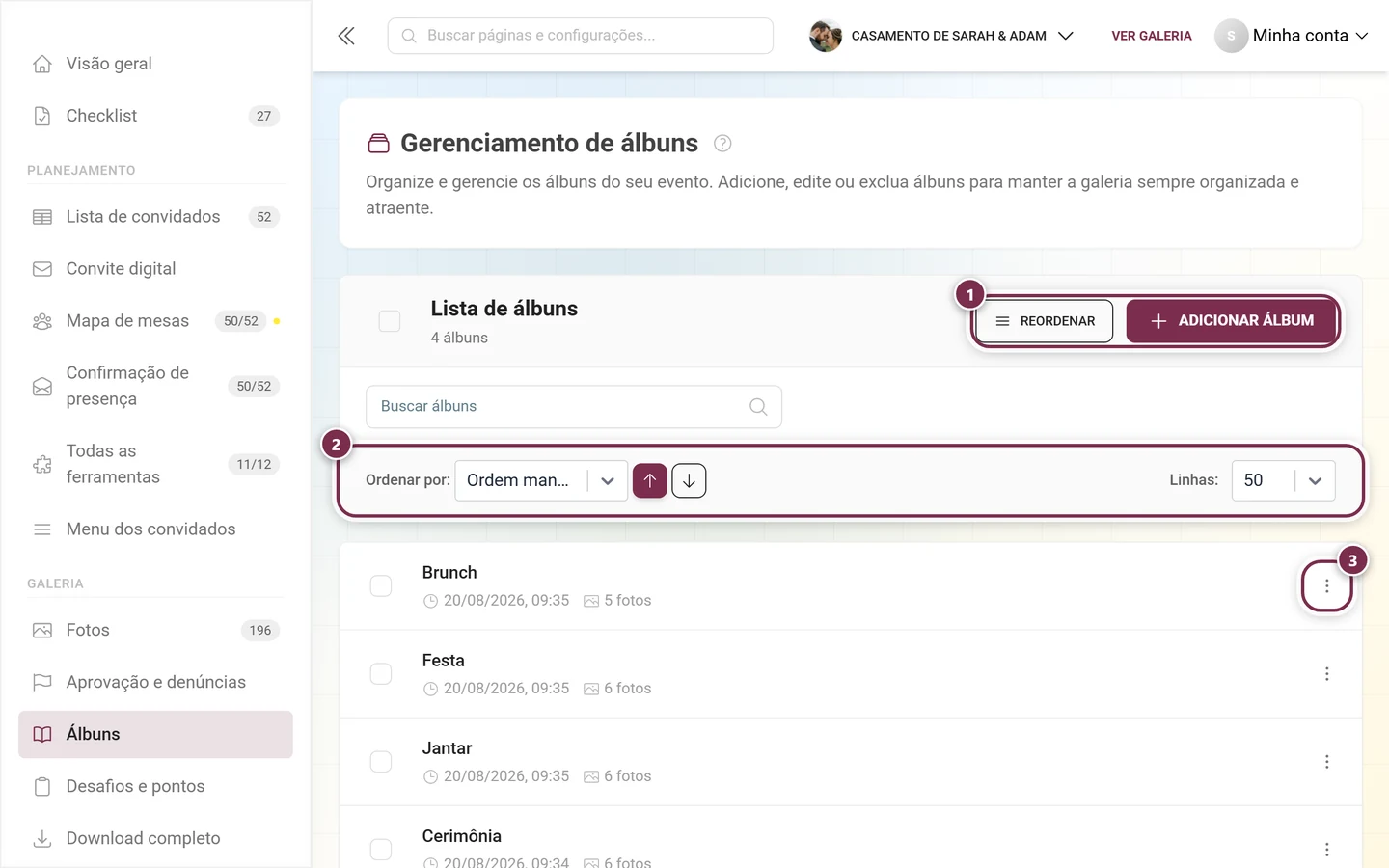 O gerenciador de álbuns com álbuns criados