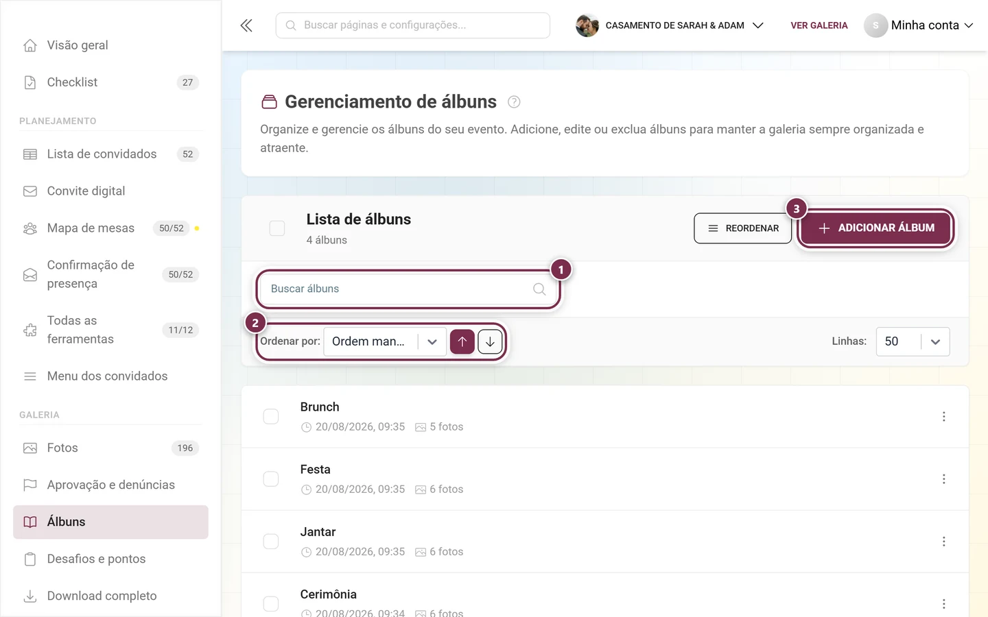 Cabeçalho do gerenciamento de álbuns com o campo de busca, a ordenação e o botão Adicionar álbum destacados