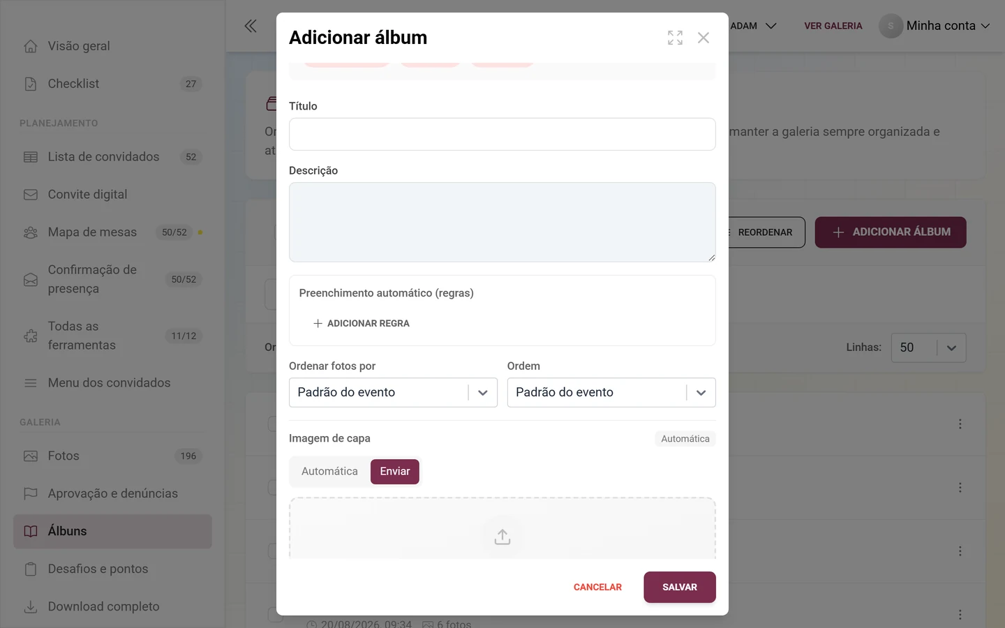 Diálogo de álbum com o bloco Preenchimento automático (regras) e o botão Adicionar regra
