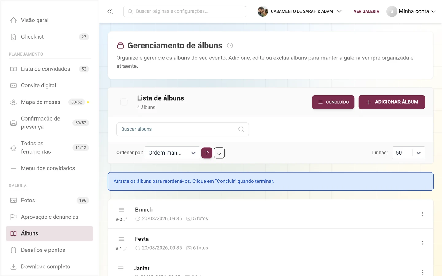 Gerenciamento de álbuns no modo de reordenação, com a dica de arrastar e soltar e o botão Concluir
