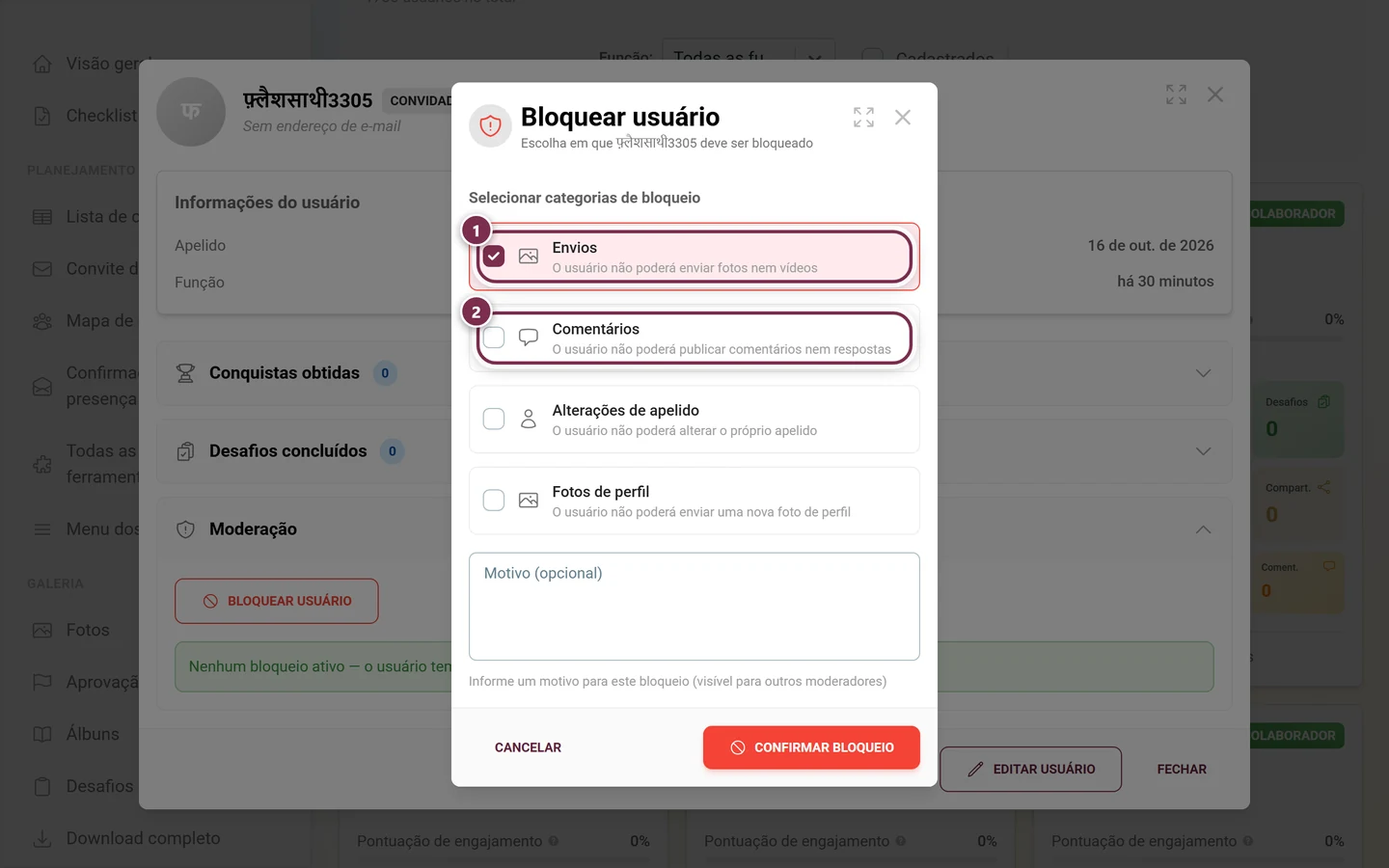 Diálogo para escolher categorias de bloqueio, com os cartões Envios e Comentários destacados