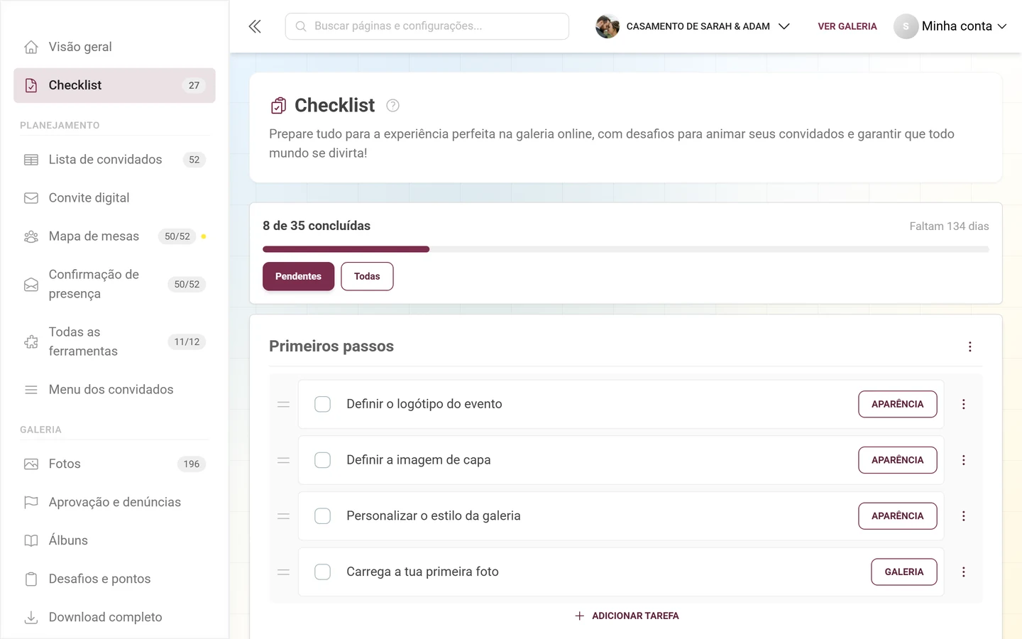 Checklist de configuração com o cabeçalho de progresso, categorias e tarefas