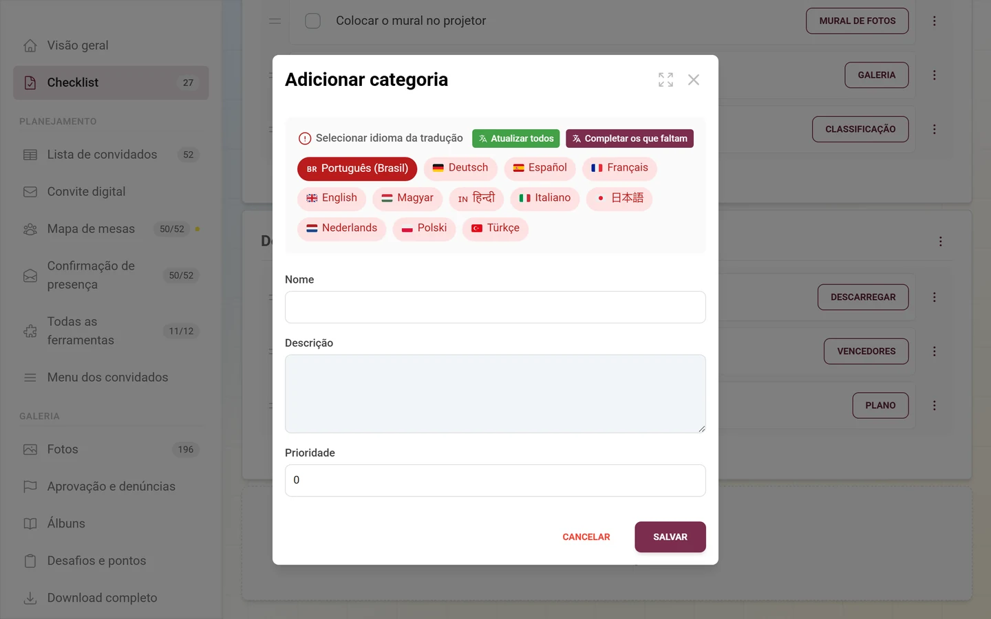Diálogo Adicionar categoria com seletor de idioma, nome, descrição e prioridade