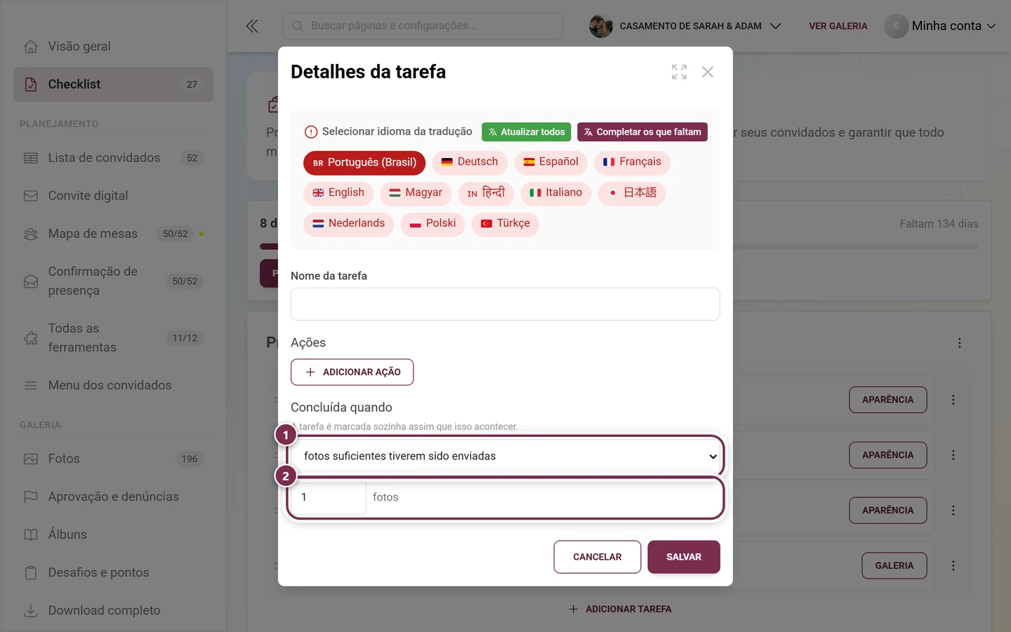 Diálogo Detalhes da tarefa com o seletor Concluída quando e o campo de número exibido