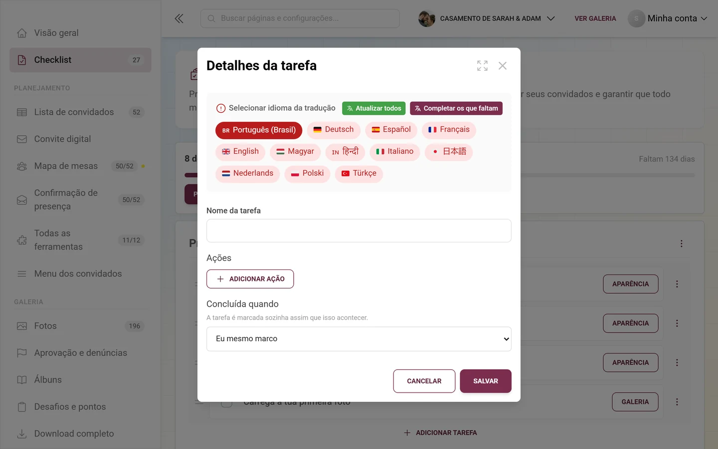 Diálogo Detalhes da tarefa com seletor de idioma, nome da tarefa, Adicionar ação e o seletor Concluída quando