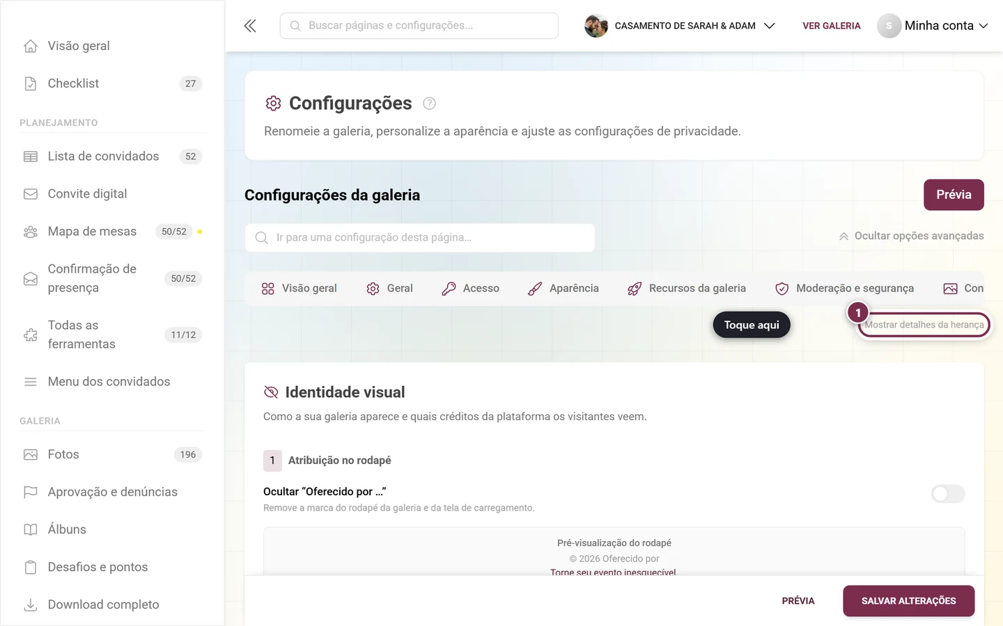 Aba White-label com a chave de detalhes de herança destacada