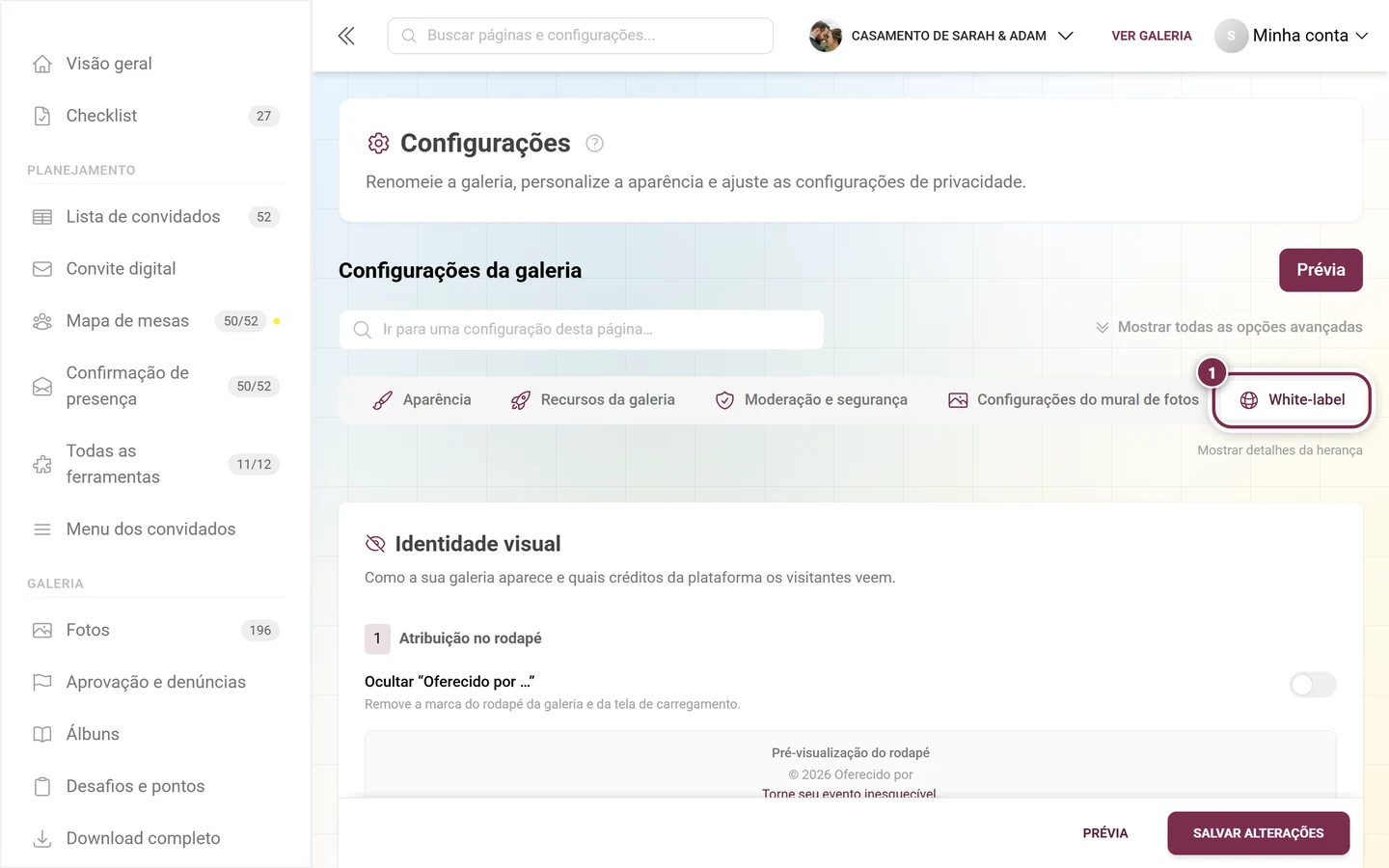 Barra de abas das configurações com a aba White-label destacada